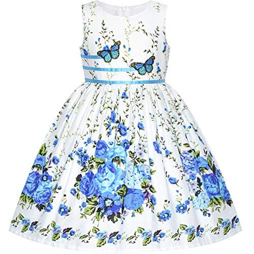 Image of Sunny Fashion Girls Dress Blue Butterfly Casual Floral Party Age 11-12 Years