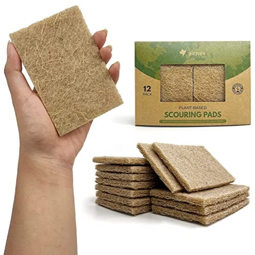 Image of Pack of 12 Plant Based Scouring Pads for Dishes - Made from Coconut Husk & Recycled Fibres - Non Scratch, Odour Free, Heavy Duty Scrubbing Pads for Kitchen & Bathroom - Green America & PETA Certified