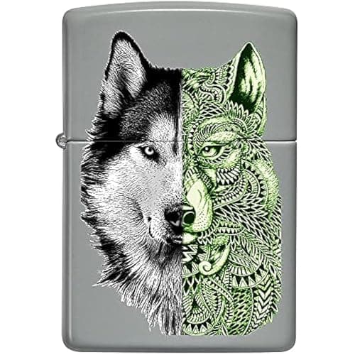 Image of Zippo Windproof Lighter - Tattoo Wolf Model in Colour Image - Flat Grey Finish - Refillable - Reusable - Windproof Design - Gift Box - Made in USA