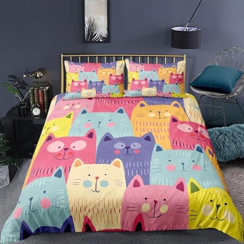 Image of Tabeskly Kids Girls Cartoon Cat Cute Soft Zipper Bed Bedding Duvet Cover Set Single Multicolor 135×200cm