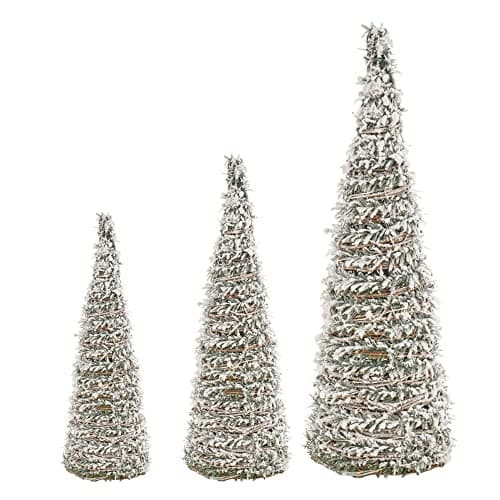 Image of URBNLIVING 3 Pcs Light Up LED Christmas Tree Cones, Xmas Cone Pyramids with LED Fairy Light Strings for Home Decor Window Display, 40-80cm Tall, 3 x AA Batteries (Green Snow With Glitter)