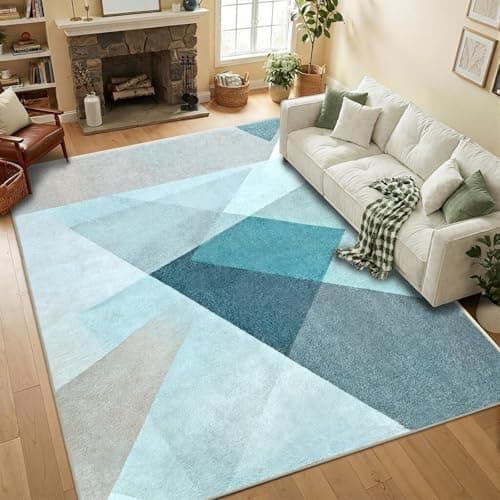 Image of Yunhan Geometric Rugs for Living Room 140 x 200 cm, Modern Machine Washable Area Rug, Non-Slip Soft Lounge Rugs for Bedroom, Abstract Luxury Short Pile Indoor Carpet, Teal & Grey