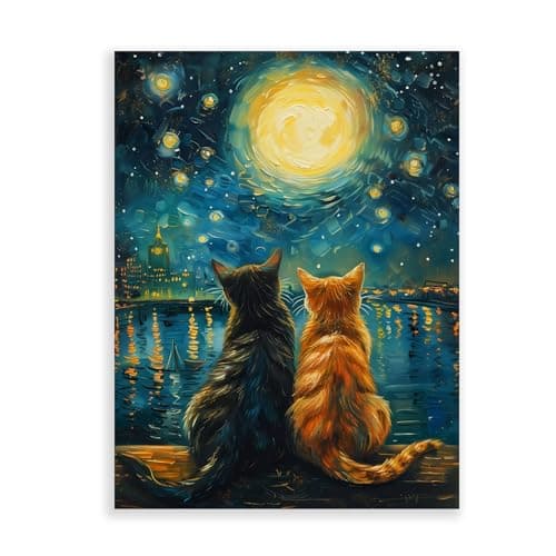 Image of Dazzlewall Starry Night With Cats Wall Art Poster, Vintage Cat Oil Painting Prints for Bedroom Living Room Decor 12x16 in Unframed