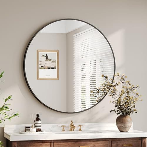 Image of Dripex 70cm Round Wall Mirror, Aluminum Frame Tempered Glass Circle Mirror, Large Decorative Hanging Vanity Mirror for Bathroom, Hallway, Living Room & Bedroom, Black