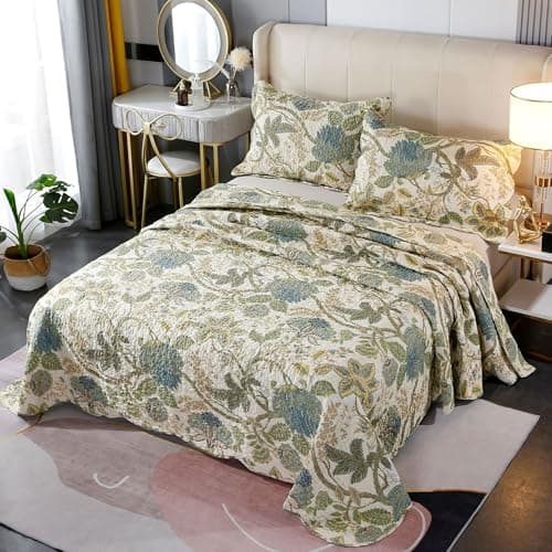 Image of USTIDE Botanical Quilted Bedspread Farmhouse Green Leaves Reversible Quilt Cover Set Cozy Cotton Bedding 3 Pieces King Size Bedding Coverlet for All Seasons