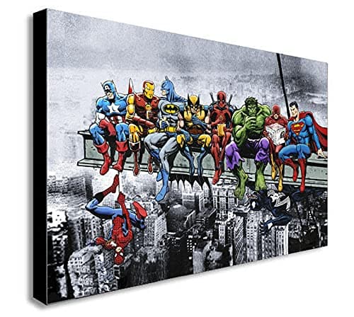 Image of Superheroes - Lunch Atop Skyscraper - Canvas Wall Art Framed Print - Various Sizes (A2 24x16 inches) for Living Room