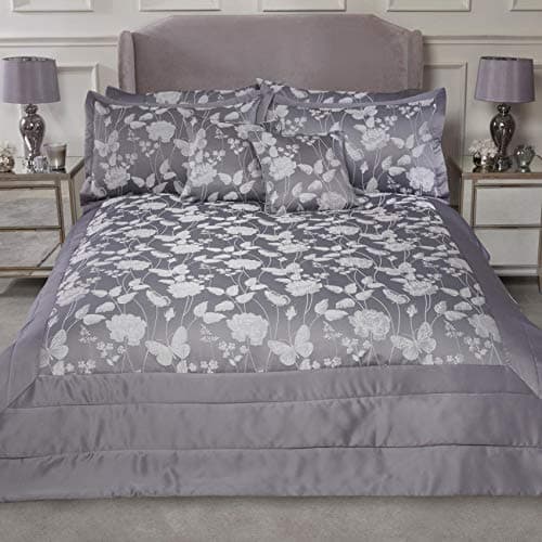 Image of Emma Barclay Butterfly Meadow - Embellished Jacquard Quilted Bedspread Set in Silver - To Fit Double/King