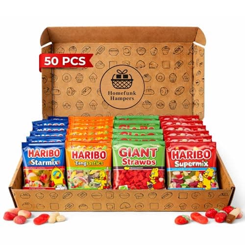Image of Haribo Mini Bags 50 Pack Sweet Gummy Selection | Box Birthday Present Gift | 50 Mini Bag Gift Set – Includes Starmix, Supermix, Giant Strawbs & Tangfastics | Fruity & Fizzy Gummy Multipack