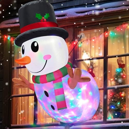 Image of [ Rotating Colorful Magic Lights ] 4 Ft Christmas Inflatable Snowman Lean Out from Window Outdoor Christmas Decorations Blow Up with LED Lights Xmas Decor Party Outside Indoor Yard Garden Lawn Home