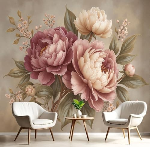 Image of MIATCENRT Peony Bouquet Wallpaper Murals Bedroom Wallpaper, 200x150cm (WxH) Wall Paper for Living Room, Not Self Adhesive Wall Paper, Vintage Large Mural & Room Decor, Brown