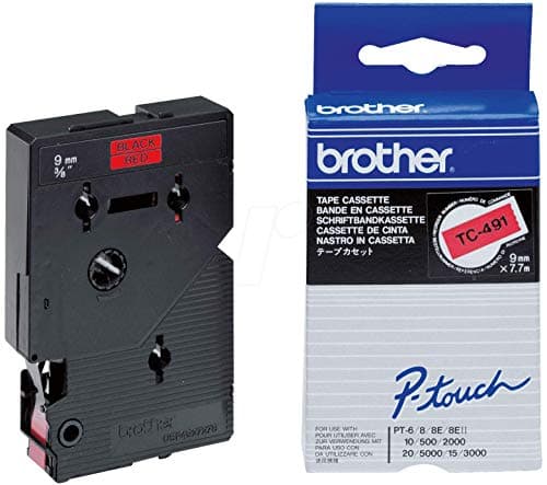 Image of Brother TC-491 Labelling Tape Cassette, Black on Red, 9 mm (W) x 7.7M (L), Laminated, Brother Genuine Supplies
