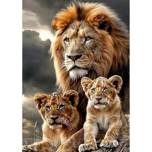 Image of NEWENMO 5D Wildlife Diamond Painting Kits for Adults,Majestic Lion Family Diamond Art Kit,DIY Full Drill Crystal Embroidery Gifts,Animal Diamond Art Craft,for Living Room Home Decoration - 30x40cm
