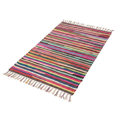 Image of Handmade Cotton Chindi Rug, Multicoloured Striped Pattern, Decorative Area Rug for Living Room and Bedroom (50x80 cm)