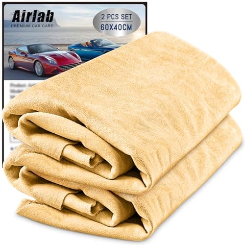 Image of Airlab 2 Pcs Chamois Leathers for Car 60x40 cm, Large Shammy Cloth Absorbent Car Drying Towel Natural Leather Lint Free Streak Free for Auto Detailing, Glasses, Mirrors, Windows and Kitchen