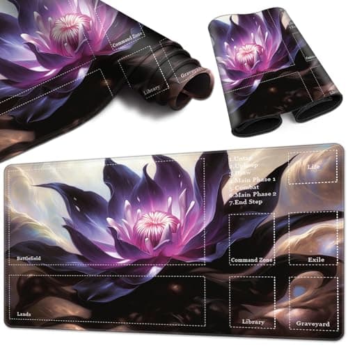 Image of Playmat for MTG Playmat with Zones, 24" x 14" TCG Playmat Ideal for MTG Playmat Game Trading Board, Original Hand-Painted Printing Non-Slip Rubber Bottom & Stitched Edges Mouse Pad, Purple Flower