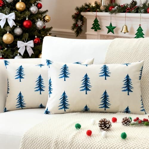 Image of JOTOM Christmas Cushion Covers 30x50 cm Set of 2 Christmas Tree Decorative Double Sided Printed Throw Pillow Covers 12x20 Inch Sofa Winter Holiday Cushion Cases for Home Couch Decor (Winter Blue Tree)