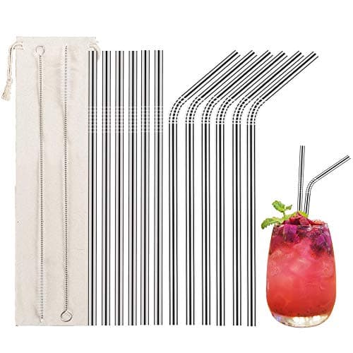 Image of 12 Pcs Stainless Steel Straws, Reusable Metal Drinking Straws with 2 Cleaning Brush for Smoothie, Milkshake, Cocktail and Hot Drinks