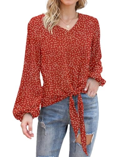 Image of Anelune Women Lartern Sleeve Chiffon Blouse V Neck Shirts with Tie Front Knot Loose Casual Tops Black Medium