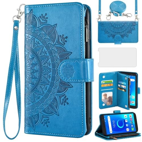 Image of Asuwish Phone Case for Alcatel 1 2019 5033E/Alcatel1 2021 4G LTE Wallet Flip Cover with Screen Protector and Mandala Flower Card Holder Stand Cell Accessories Vodafone Smart E9 Women Girls Blue
