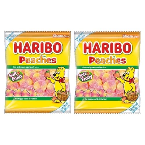 Image of Caribou Candy Sweet Hamper - For Haribo Peaches Gummy Sugar Coated Sweets Peach Flavour 160g Limited Edition - 2x Share Bags
