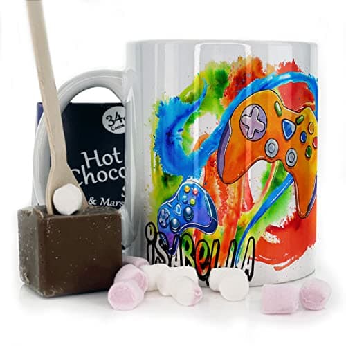 Image of Hairyworm Personalised Mug and Belgian Milk Chocolate/Hot Chocolate Stirrer Marshmallow Gift Set, Customised with Name (11oz) White, Yellow, Blue, Black, Pink Mug with Orange Gaming Controller Design