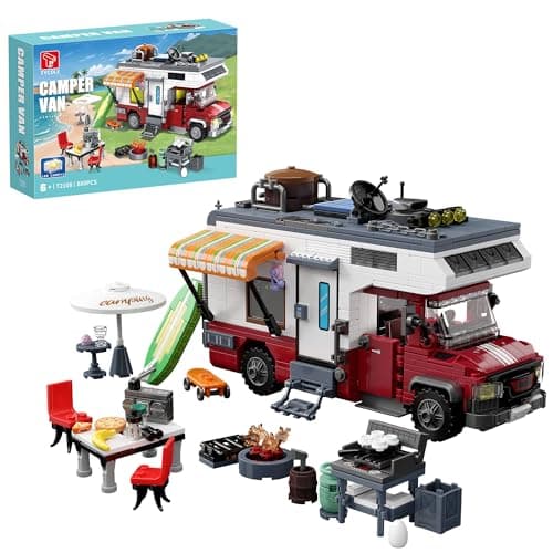 Image of City Camper Van Toy Building Set Beach Holiday Adventure RV Car Model with Mini Accessories&Lights Birthday Gift for 6 Year Old Girls, Boys, Kids 880 Pcs