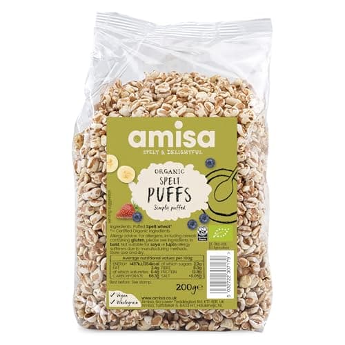 Image of Amisa Organic Spelt Puffs, 200g - Light & Crunchy Texture - High in Fibre & Vegan-Friendly Cereal