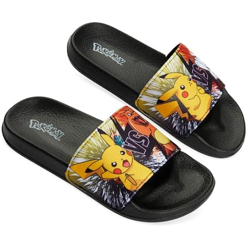 Image of Pokemon Boys Sliders, Beach or Pool Shoes for Kids - Gamer Gifts (Black/Orange, 3 UK)