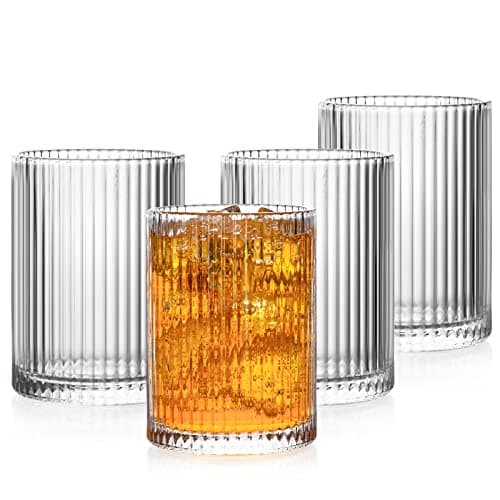 Image of POLIDREAM Ribbed Glasses Set of 4 Drinking Glasses 280ml Vintage Origami Style Glassware Embossed Glass Tumblers Decorative Cocktail Art Deco Drinking Glass for Whiskey Juice Bar Restaurants