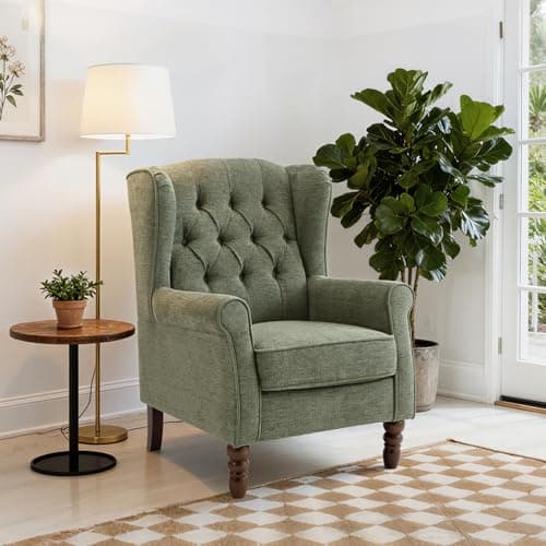 Image of COLAMY Mid-Century Modern Living Room Accent Chair, Button Tufted Wingback with Thick Padded Seat, Upholstered Armchair, Fabric Sofa Arm Chair with Solid Wood Legs for Bedroom/Office/Café, Green