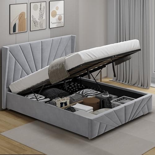 Image of Ottoman Bed Frame Gas Lift Up Bed Upholstered King Size, Wooden Slats Space Saving Bed Frame UKFR Velvet Bed with Storage, 5ft Grey King No Mattress