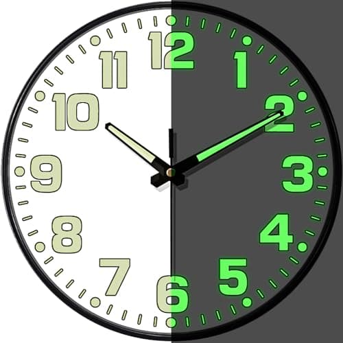 Image of Mabpedo Glow in the Dark Wall Clock Non Ticking, 10 inch Silent Wall Clocks Battery Operated, Large Number Tempered Glass, Round Night Light Analog Clock for Bedroom Living Room Kitchen Office, White