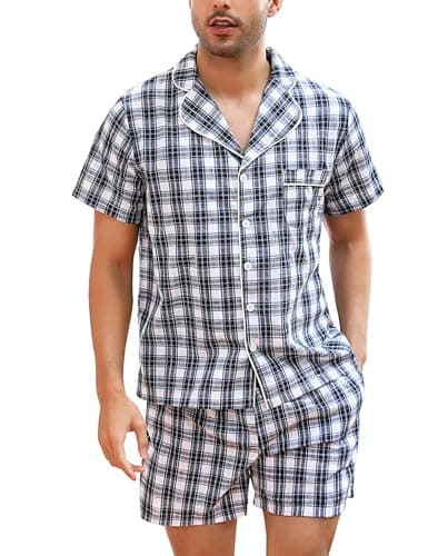 Image of Irdcomps Men's Pyjamas Set Short Sleeve Checked Pjs Soft Cotton Plaid Lounge Button 2 Piece Nightwear Sleepwear with Pockets Summer Blue,XL