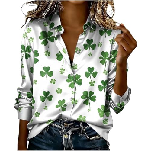 Image of HAOLEI St Patricks Day T Shirts Womens - Ladies Satin Silk Shamrock T-Shirt UK Funny Green Clover Printed Long Sleeve St. Patrick's Day Casual Irish Tshirts Lucky Tops Tee Soft Blouses Outfits