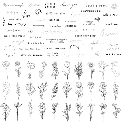 Image of Esland Realistic Temporary Tattoos - 60 Sheets Tiny Small Removable Tattoos, 30 Pcs Inspirational Quotes Words Tattoos, 30 Pcs Wild Flower Ink Line Botanical Floral Leaf Tattoo Stickers for Women