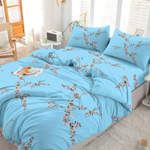 Image of EverSoft Bedding Super King Size Duvet Cover Set 4 Piece 100% Egyptian Cotton 400 Thread Count Floral Print Bedding Set with Fitted Sheet & 2 Pillowcases Soft Luxury Quilt Cover