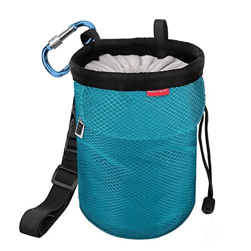 Image of Rhino Valley Climbing Chalk Bag, No Leak Drawstring Closure Bag with Adjustable Belt, Carabiner Clip and Zippered Pockets for Climbing, Gymnastics, Cross Fit, Weight Lifting & More, Light Blue