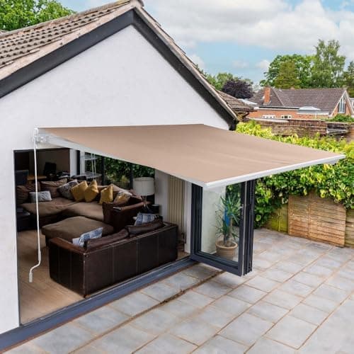 Image of JSH 2.5 x 2m Manual Awning Garden Patio Canopy Sun Shade Shelter Retractable | DIY Complete With Fittings & Crank Handle | Beige