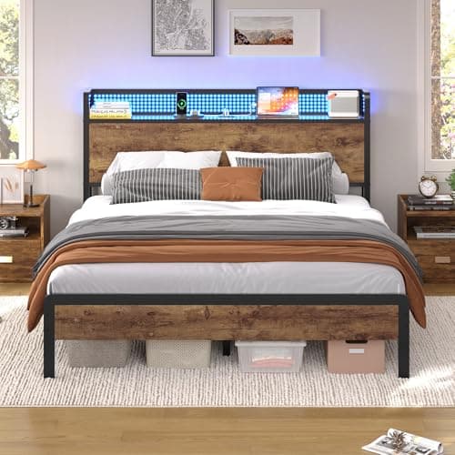 Image of KIMENICH Double Bed Frame, Bed 135 x 190 cm with LED Lighting, Wooden Storage Headboard with Sockets, No Box Spring Needed, Noise Free, Metal Platform Support, Easy Assembly, Vintage Brown