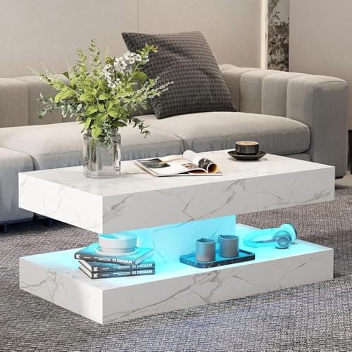 Image of COSVALVE White Marble Coffee Table for Living Room with 24 Colors LED Light, 2 Tier High Gloss Modern Centre Table Rectangle Tea Table for Home, Office Furniture
