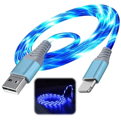 Image of Aihoom LED Flowing Charging Cable, RGB Light-Up Phone Cord for Data Sync & Power, Durable TPE Anti-Tangle, Compatible with iPhone 5–14 & iPad