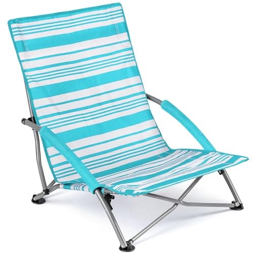 Image of Trail Low Folding Beach Chair, Lightweight Portable Deck Sun Lounger Seat, Camping Festival Picnic Garden, Padded Armrests, Anti Sink Feet, Carry Bag with Strap (Blue Stripe)