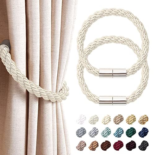 Image of Pretty Jolly 2 Pack Strong Magnetic Curtain Tiebacks Modern Simple Style Drape Tie Backs Convenient Decorative Weave Rope Curtain Holdback for Thin or Thick Home & Office Window Drapery (Beige)