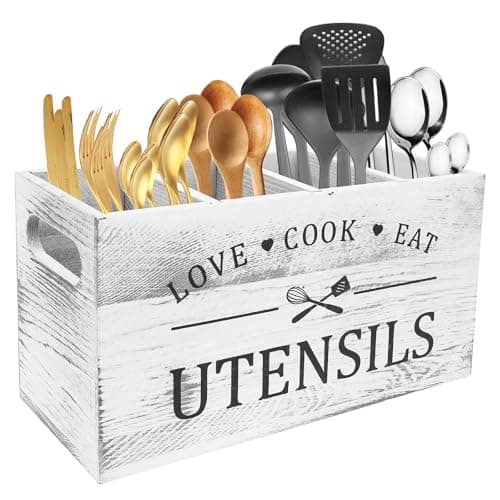 Image of Kitchen Utensils Holder, Kitchen Cooking Utensil Organizer with 4 Compartment and Drainage Bottom, Farmhouse Utensil Organiser Cutlery Caddy , Wooden Cooking Tools Storage for Countertop (white)