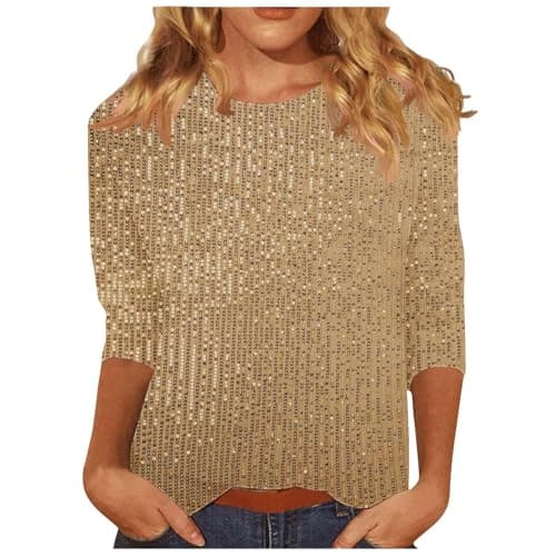 Image of 3/4 Sleeve Squin Top for Women Loose Glitter Tops Sparkle Sequin Top Crew Neck Long Sleeve Tunic Tops Glitter Party Tops Elegant Evening Top for Women UK Plus Size Casual Tees Sparkly T Shirts Gold