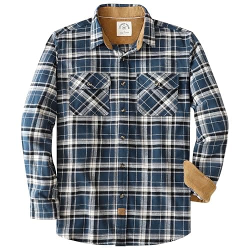 Image of Dubinik® 6 oz Flannel Shirt for Men Long Sleeve Button Down Shirts Plaid All Cotton Soft Brushed Utility Casual Navy Blue White S