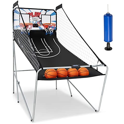 Image of GYMAX Foldable Basketball Arcade Game with 8 Game Modes, Voice Prompt, Double Hoops and Scorer, Indoor Outdoor Basketball Hoop for Kids and Adults (White+Black)