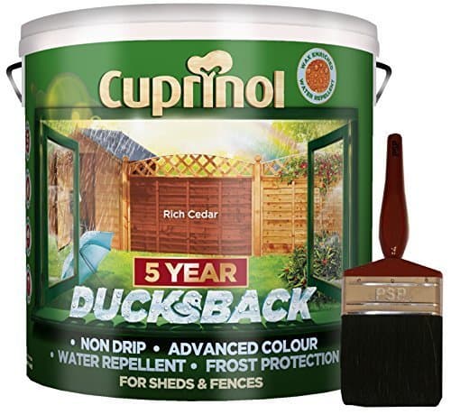 Image of New 2018 Cuprinol Ducksback Shed & Fence Paint 9 Litre Rich Cedar. Non Drip, Water Repellent and Frost Defence. Protection for 5 Years. Includes PSP 4" Fence Application woodcare Brush.