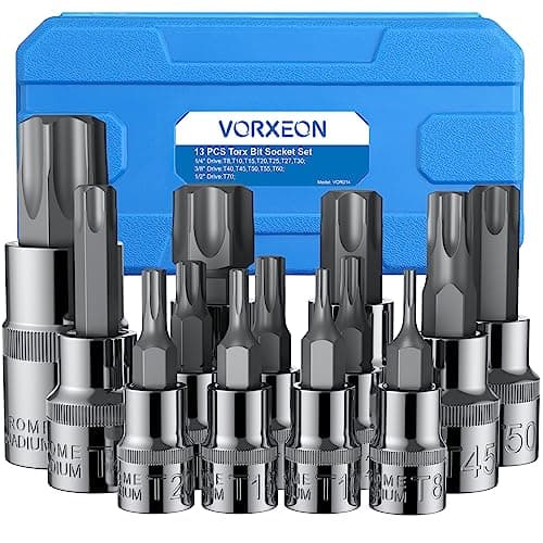 Image of VORXEON 13Pcs Torx Bit Set Star Bit Socket Set T8-T70, 50BV30 CR-V Drive Socket and S2 Alloy Steel Bit, 3 Sizes 1/4 3/8 1/2 Inch with Storage Case