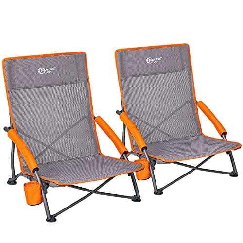 Image of Portal Folding Beach Chair Low Lightweight 2 PCs Portable for Adults Foldable Beach Seat Camping Festival Picnic Deck Chair Outdoor Collapsible with Cupholder Mesh Back Padded Armrests Supports 150KG